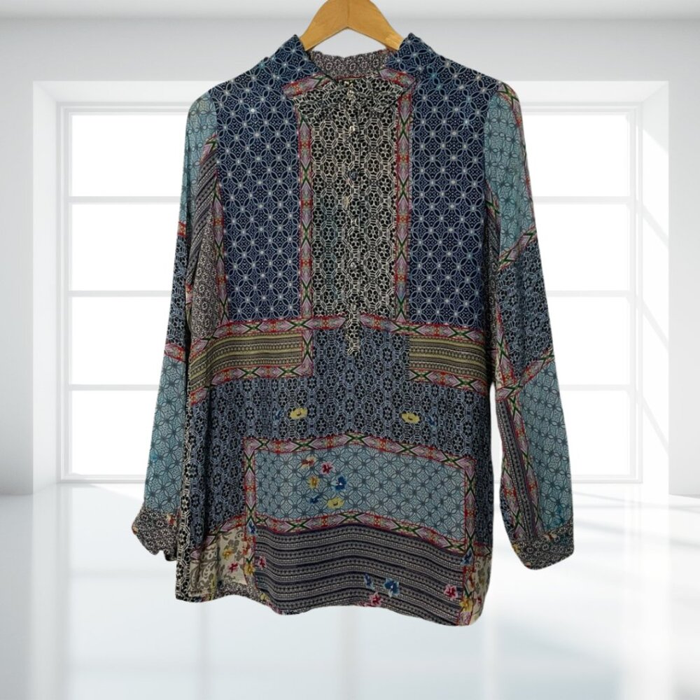 Johnny Was Patchwork Cupra Rayon Tunic Blouse M Boho Silk Feel Roll Tab Sleeve - Picture 3 of 13
